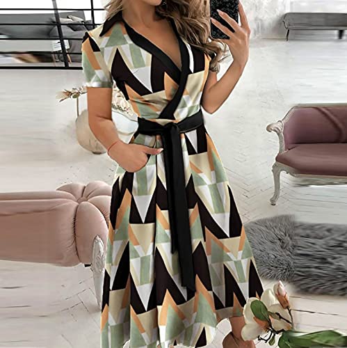 Wirziis Summer Dresses for Women,Deep V-Neck Cross Front Henley Shirt Dress Elegant A-Line Long Dress with Belt C-Green | The Storepaperoomates Retail Market - Fast Affordable Shopping