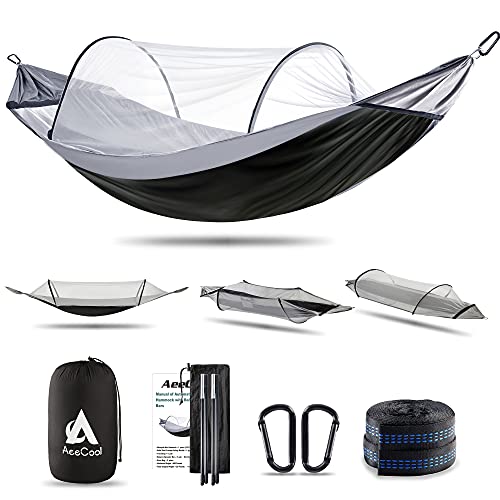 Hammock with Mosquito Net and Balance Spreader bar 2 Person Parachute Fabric Travel Hammock for Outdoor Camping Backpacking Travel Hiking Beach Backyard (Black&Grey) | The Storepaperoomates Retail Market - Fast Affordable Shopping