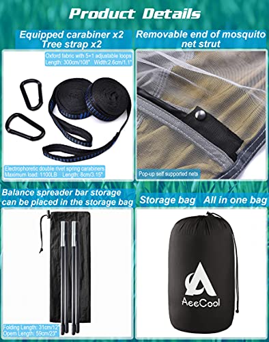 Hammock with Mosquito Net and Balance Spreader bar 2 Person Parachute Fabric Travel Hammock for Outdoor Camping Backpacking Travel Hiking Beach Backyard (Black&Grey) | The Storepaperoomates Retail Market - Fast Affordable Shopping