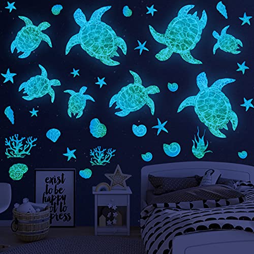 Sea Turtle Wall Decals Stickers Glow in The Dark Wall Decals Vinyl Ocean Wall Decals Under The Sea Turtle Bathroom Wall Decor for Kids Sea Life Wall Decor for Bedroom Nursery Birthday Gifts
