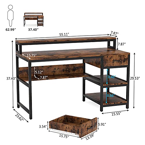 Tribesigns Computer Desk with Monitor Shelf and Drawers, 55 inch Industrial Home Office Desk with Hutch and Storage Shelves Bookshelf, Computer Table Study Writing Desk Workstation, Rustic Brown | The Storepaperoomates Retail Market - Fast Affordable Shopping