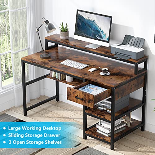 Tribesigns Computer Desk with Monitor Shelf and Drawers, 55 inch Industrial Home Office Desk with Hutch and Storage Shelves Bookshelf, Computer Table Study Writing Desk Workstation, Rustic Brown | The Storepaperoomates Retail Market - Fast Affordable Shopping