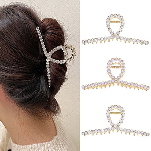 Campsis Metal Pearl Hair Claw Clips Gold Hair Catch Rhinestone Barrettes Jaw Clamp for Women Thick Hair(3PCS)