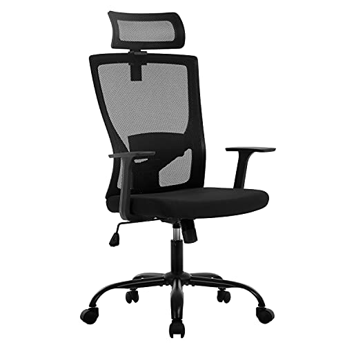 Ergonomic Office Chair Swivel Home Office Desk Chair with Head Pillow Breathable Mesh Backrest Adjustable Seat Height Firm Arm Rests Mesh Chair for Working and Resting (Black)