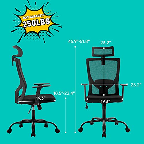 Ergonomic Office Chair Swivel Home Office Desk Chair with Head Pillow Breathable Mesh Backrest Adjustable Seat Height Firm Arm Rests Mesh Chair for Working and Resting (Black) | The Storepaperoomates Retail Market - Fast Affordable Shopping
