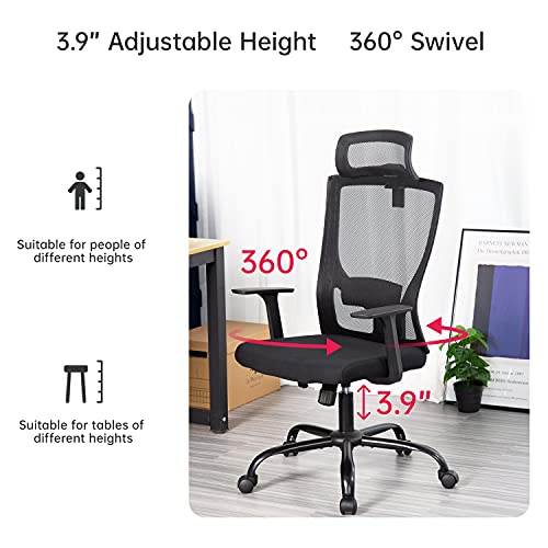 Ergonomic Office Chair Swivel Home Office Desk Chair with Head Pillow Breathable Mesh Backrest Adjustable Seat Height Firm Arm Rests Mesh Chair for Working and Resting (Black) | The Storepaperoomates Retail Market - Fast Affordable Shopping