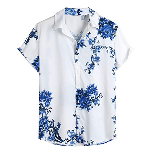 AUOYO Tops for Men Hawaiin Colorful Printing Blouse Tee Turn Down Collar Cool Short Sleeve Summer Leisure Baggy T-Shirts, 04 Blue, Large