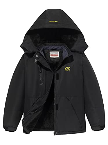 WULFUL Kids Waterproof Ski Jacket Warm Fleece Hooded Winter Snow Coat (Black 8)