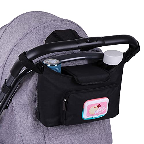 Baby Stroller Organizer – Stroller Accessories Bag Large Space with 2 Cup Holders Multiple Zipper Pockets for Bottle, Diaper, Phone, Toys – Universal Fit
