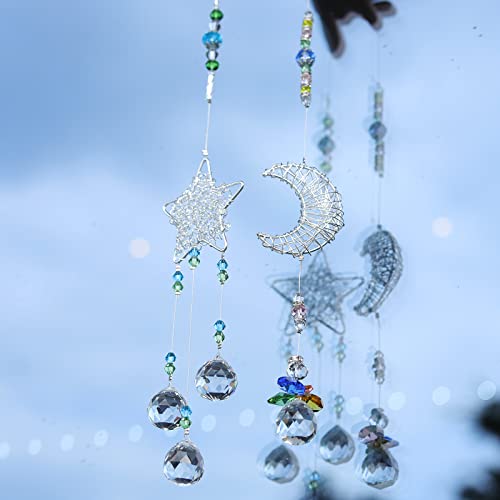 Pack of 2 Moon Star Crystals Sun Catcher Hanging Suncatchers Chandelier Lamps Light Pendant Prisms Hanging Ornament for Home Decoration | The Storepaperoomates Retail Market - Fast Affordable Shopping