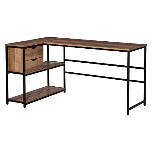 HOMCOM L-Shaped Home Offie Computer Desk with Storage Shelves, 2 Dawers and Industrial Steel Frame, Black/Brown | The Storepaperoomates Retail Market - Fast Affordable Shopping