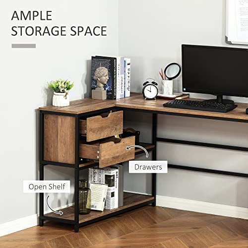 HOMCOM L-Shaped Home Offie Computer Desk with Storage Shelves, 2 Dawers and Industrial Steel Frame, Black/Brown | The Storepaperoomates Retail Market - Fast Affordable Shopping