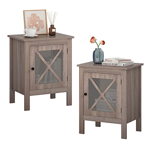 JAXPETY Set of 2 Modern Wood Nightstand, Bedside Table with X-Design Glass Door, Bedside Furniture, Night Stand, End Table, Side Table with Rustic Style for Home Bedroom(2-Pack, Rustic Brown)