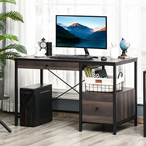 HOMCOM Industrial Style Home Office Desk with Filing Cabinet Storage Drawer for Letter Size Papers and Steel Frame, Black/Walnut | The Storepaperoomates Retail Market - Fast Affordable Shopping