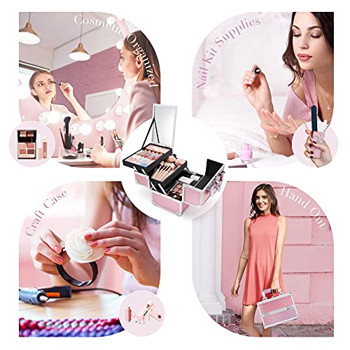 Frenessa Portable Makeup Train Case Cosmetic Box Nail Kit Storage Organizer for Girls Makeup, Nail Tech, Crafter 2 Trays with Mirror Stain Proof Films Makeup Storage Box – Glitter Pink | The Storepaperoomates Retail Market - Fast Affordable Shopping