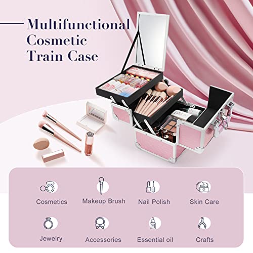Frenessa Portable Makeup Train Case Cosmetic Box Nail Kit Storage Organizer for Girls Makeup, Nail Tech, Crafter 2 Trays with Mirror Stain Proof Films Makeup Storage Box – Glitter Pink | The Storepaperoomates Retail Market - Fast Affordable Shopping