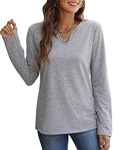 UNIQUEONE Women Casual Sweatshirt Long Sleeve V Neck Pullover Solid Color Loose Tops Gray | The Storepaperoomates Retail Market - Fast Affordable Shopping