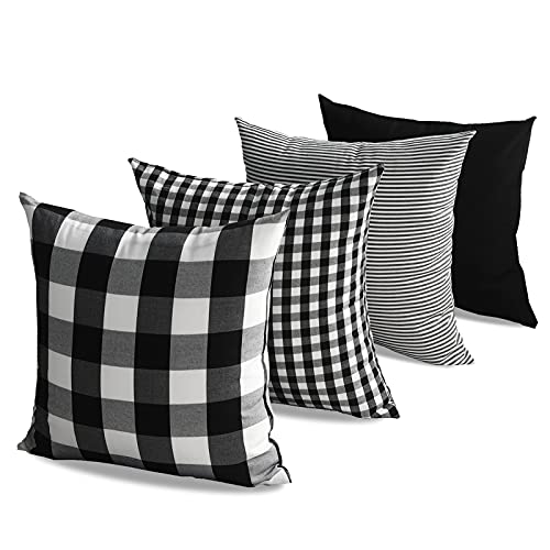 CARRIE HOME Black and White Buffalo Plaid Outdoor Throw Pillow Covers 18×18 Set of 4 Buffalo Check Farmhouse Decor for Couch Room and Front Porch