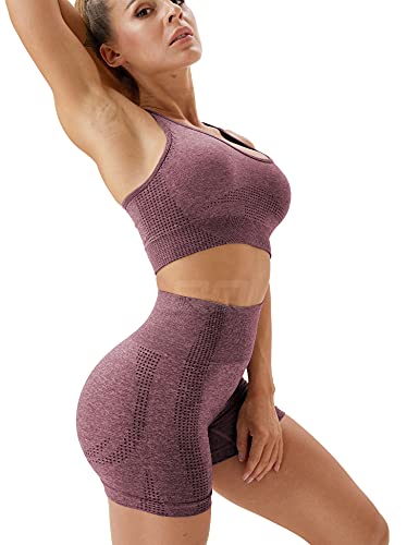 QOQ Women’s Yoga Outfits 2 Piece Sets Seamless Workout Gym Shorts with Sleeveless Sports Bra Dark Red L | The Storepaperoomates Retail Market - Fast Affordable Shopping