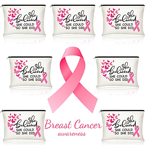 7 Pieces She Believed She Could Pink Ribbon Canvas Makeup Bag Travel Toiletry Case for Breast Cancer Charity Event Survivor Gift for Women Breast Cancer Awareness Party Favors Supplies | The Storepaperoomates Retail Market - Fast Affordable Shopping