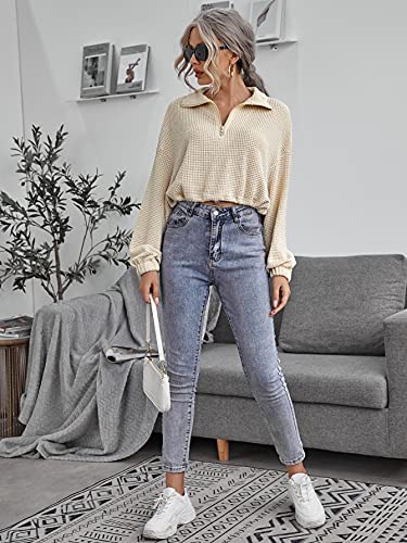 WDIRARA Women’s Casual Long Sleeve Half Zipper Front Sweatshirt Drawstring Crop Waffle Knit Tops Beige M | The Storepaperoomates Retail Market - Fast Affordable Shopping