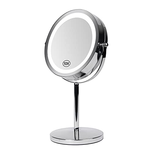 YYAMEA 7″ Lighted Makeup Mirror, 10X Magnifying Vanity Mirror Double Sided, Round Standing 360° Rotation Cosmetic Mirror for Bedroom Bathroom Office…