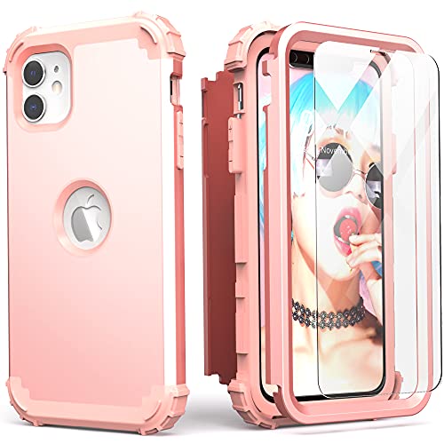 IDweel iPhone 11 Case with Tempered Glass Screen Protector, Hybrid 3 in 1 Shockproof Slim Heavy Duty Protection Hard PC Cover Soft Silicone Rugged Bumper Full Body Case, Rose Gold