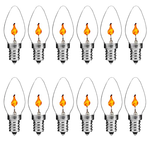 Lxcom Lighting 12 Pack C7 Flicker Flame Light Bulb 3W Flicker Flame Bulb E12 Candle Flickering Light Bulbs Clear Flame Tip Candelabra Replacement Bulb for Decorative Night Light String Lights