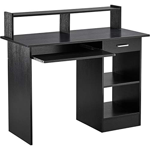 Topeakmart Home Office Computer Desk, Sturdy Writing Table w/ 2 Storage Shelves, Work Desk with Pull-Out Keyboard Tray and Drawers for Living Room, Multipurpose Modern Style PC Desk, Black | The Storepaperoomates Retail Market - Fast Affordable Shopping