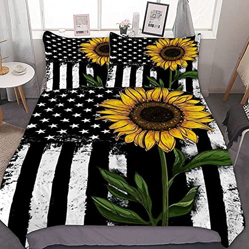 Sunflower American Flag Bedding Set, Retro Stripes Stars Duvet Cover, 3 PCS Soft Comforter Cover with 2 Pillow Cases Personalized Quilt Cover Set(Queen Size) | The Storepaperoomates Retail Market - Fast Affordable Shopping
