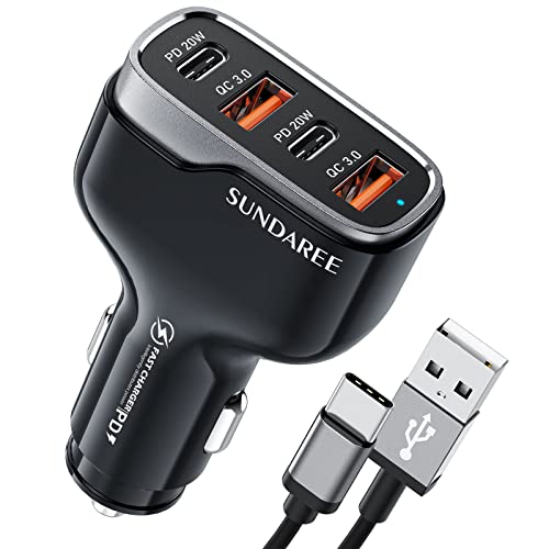 SUNDAREE 4 Ports USB c Car Charger 40W Fast Charging Cigarette Lighter Adapter, Dual QC 3.0 18W & PD 20W Android Car Phone Charger Compatible with iPhone 14 13 11 Pro Max, Samsung S22/21