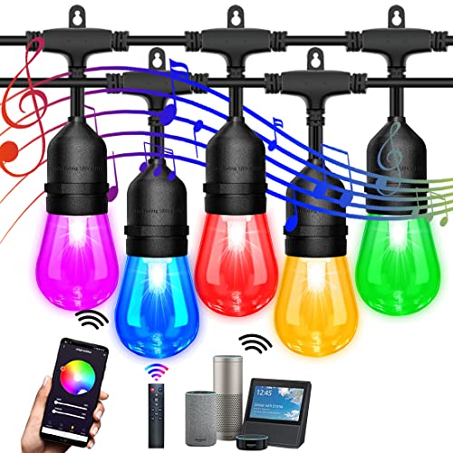 GUYULUX Smart Outdoor String Lights 48ft, Music Flash Color Change, WiFi Dimmable E26 Bulb Shatterproof, Alexa/Google Assistant Compatible, Commercial Grade String Light for Backyard Café, 1-Pack