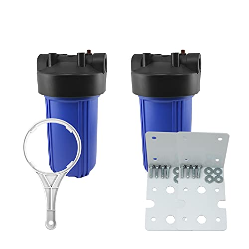 2 Pack 10″ BB Blue Whole House Water System Filter Housing 1″ NPT Brass Ports w/Pressure Release. Wrench and 2 Brackets