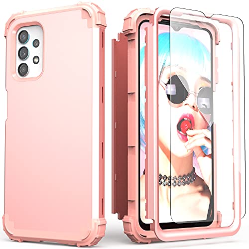 Galaxy A32 5G Case,Galaxy A04S Case,Galaxy A13 5G Case,Galaxy A12 Case,IDweel Hybrid 3 in 1 Shockproof Heavy Duty Protection Hard PC Cover Soft Silicone Full Body Cover with Screen Protector,Rose Gold