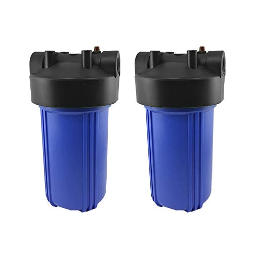 Max Water 2 Pack 10″x 4.5″ BB Blue Double O ring Filter housing 1″ NPT Brass Ports with pressure release button & pressure gauge hole.