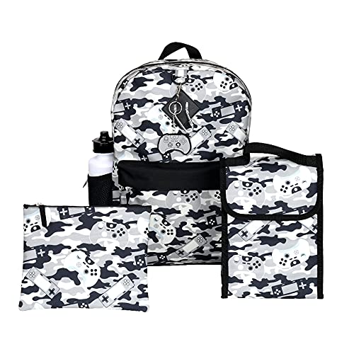 RALME Grey Gaming Camo Backpack Set for Boys & Girls, 16 inch, 6 Pieces – Includes Foldable Lunch Bag, Water Bottle, Key Chain, & Pencil Case