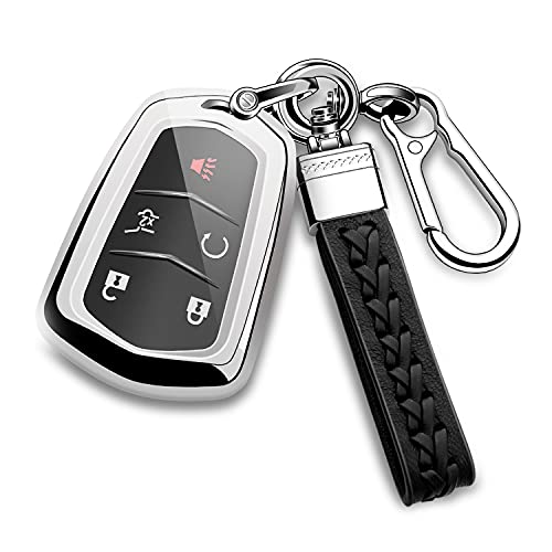 for Cadillac Key Fob Cover, Key Fob Case for 20152019 Cadillac Escalade CTS SRX XT5 ATS STS CT6 5Buttons Premium Soft TPU 360 Degree Full Protection (Silver)