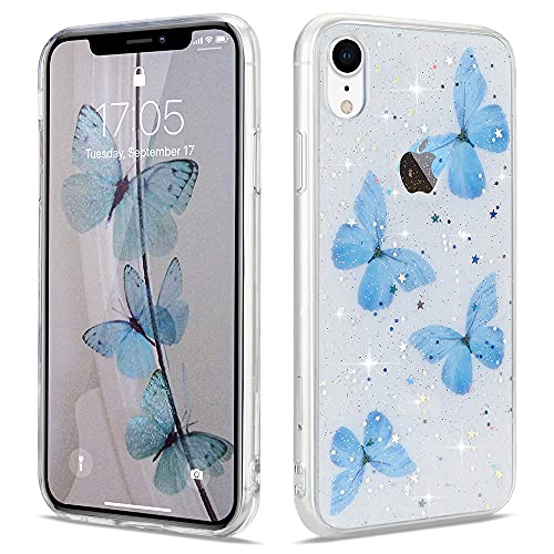 Wirvyuer Compatible with iPhone Xr case,Bling Cute Glitter Blue Butterfly Case for Women Girls Soft TPU Bumper Silicone Transparent with Sparkly Stars Shockproof Protective Cover for iPhone Xr,Clear