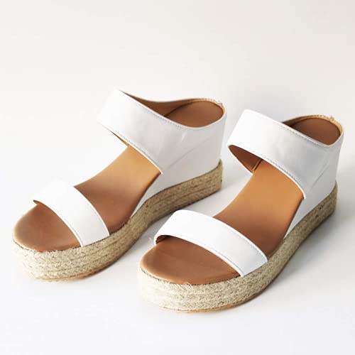 CLDREAM Sandals for Women, Wedges Shoes Sandals Summer Open Toe Breathable Beach Sandals Slip-On Straw Casual Wedges Shoes, White, 6.5-7 | The Storepaperoomates Retail Market - Fast Affordable Shopping