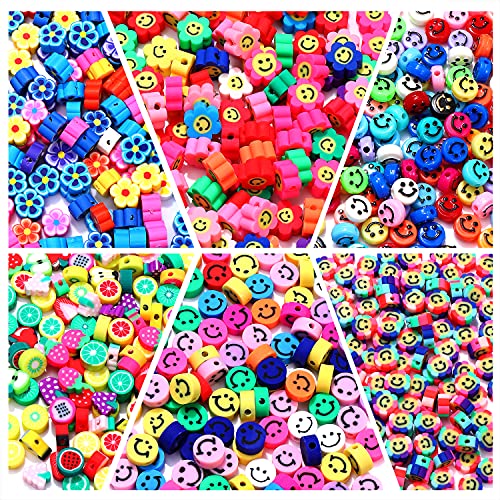 400PCS Happy Face Beads Colorful Flower Polymer Clay Happy Face Beads Vinyl Resin Acrylic Loose Spacer Beads for Bracelet Necklace Earring Jewelry Making Supplies with Elastic String