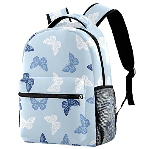 Niaocpwy School Backpacks Blue Pattern Butterflies Elementary Students Bookbags With Water Bottle Pocket
