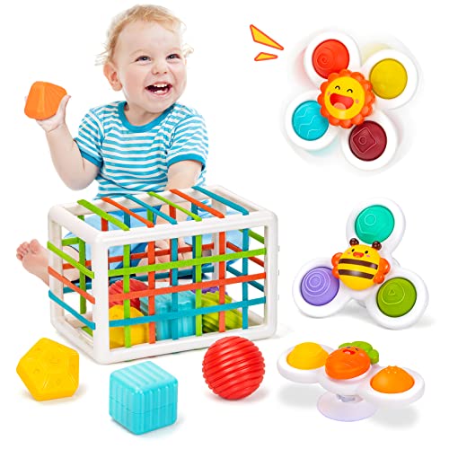 UNIH Baby Sensory Bin, Baby Shape Sorter Toys Set, with 3 Whirly Dimple Suction Rattle Toys and 6 Colorful Blocks, Early Learning Baby Toys 6 to 12 Months, Toddler Toys for 1 Year Old Boy Girl Gift