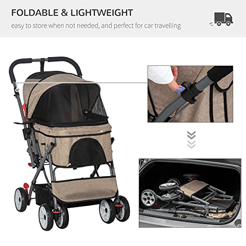PawHut Travel Pet Stroller for Dogs, Cats, One-Click Fold Jogger Pushchair with Swivel Wheels, Brakes, Basket Storage, Safety Belts, Adjustable Canopy, Zippered Mesh Window Door, Brown | The Storepaperoomates Retail Market - Fast Affordable Shopping