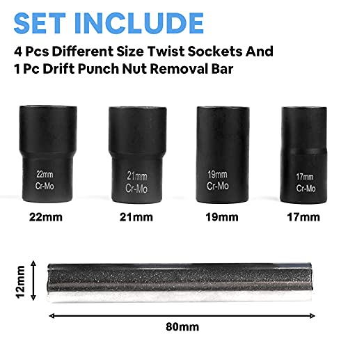 Twist Socket Set, Lug Nut Remover, Metric Bolt Stud Lug Nut Extractor Tool Kit With Center Punch Bar 1/2″ Drive 17 19 21 22mm 5 Pieces PTSTEL | The Storepaperoomates Retail Market - Fast Affordable Shopping