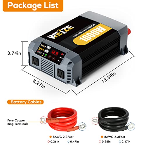 WEIZE 1000W Pure Sine Wave Inverter, Solar Power Inverter 12V DC to 110V/120V AC for Home Car RV Off-Grid with 2 AC Outlets and Dual 2.4A USB Charging Port | The Storepaperoomates Retail Market - Fast Affordable Shopping