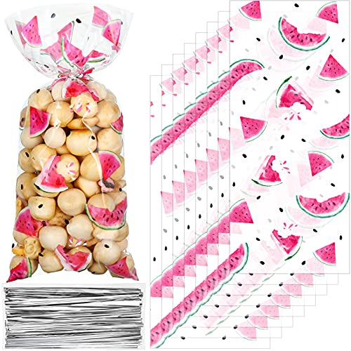 Zonon 100 Pieces Watermelon Treat Bags cellophane bags watermelon party bags Plastic Candy Bag Pink with 100 Silver Twist Ties for Summer Beach Watermelon Birthday Party Baby Shower Supplies | The Storepaperoomates Retail Market - Fast Affordable Shopping
