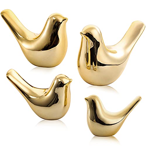 ZOOFOX Set of 4 Gold Bird Decor Figurine, Ceramic Small Animal Statues, Home Shelf Decor Furniture Desktop Display for Living Room, Bedroom, Cabinets and Office Desktop ( Assorted Sizes )