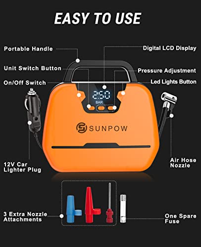 SUNPOW Tire Inflator Portable Air Compressor, 12V DC Air Pump for Car Tires (up to 150 PSI), Auto Tire Pump with Digital Pressure Gauge, Emergency LED Lights, Bicycle, Balloon, Other Inflatables | The Storepaperoomates Retail Market - Fast Affordable Shopping
