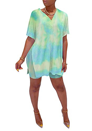 2 Piece Shorts Outfits for Women Tiedye Side Split Oversized Tunic T-Shirt Top + Biker Shorts Casual Tracksuits | The Storepaperoomates Retail Market - Fast Affordable Shopping
