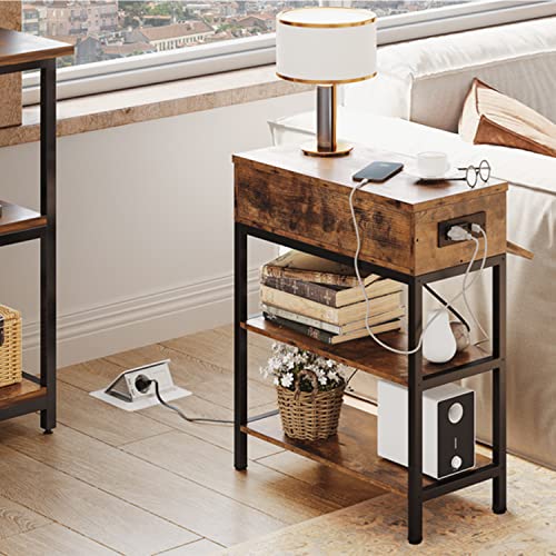 IRONCK Side Tables Bedroom, End Table with Pull-Down Drawer, Nightstand with Charging Station, Easy Assembly, Industrial Living Room Tables with Storage, Rustic Brown | The Storepaperoomates Retail Market - Fast Affordable Shopping